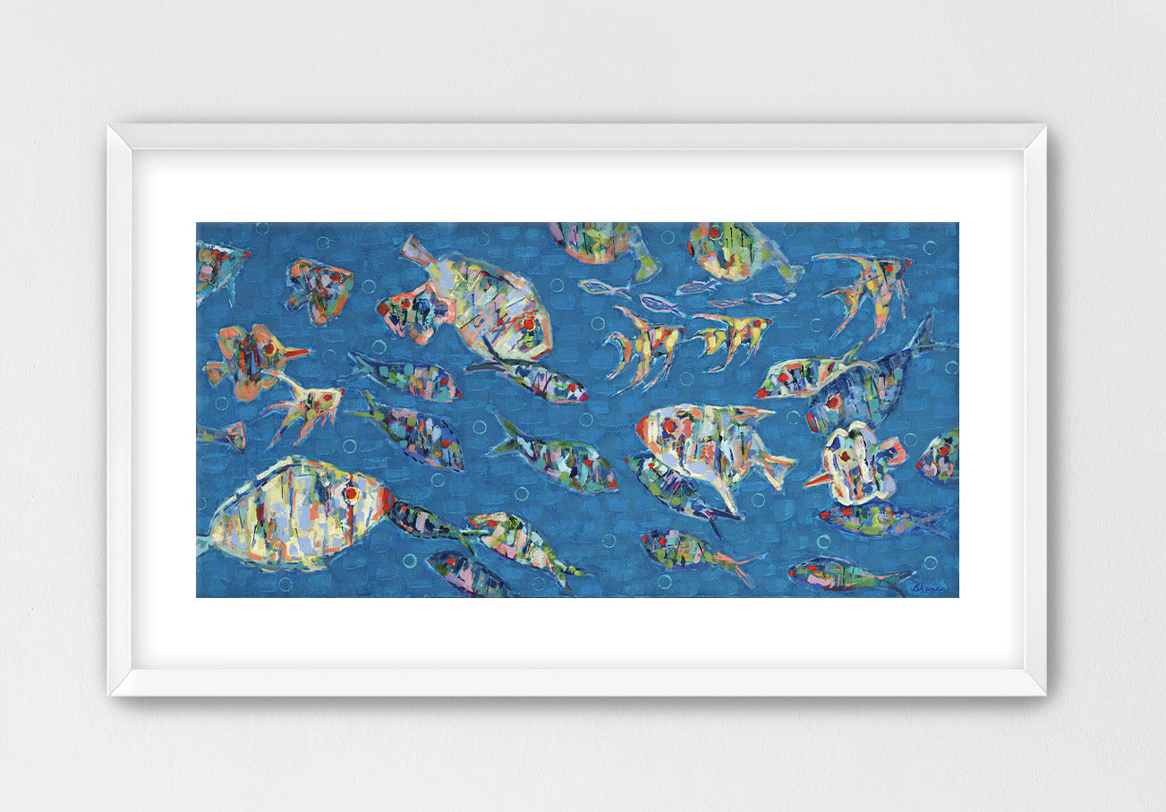 Framed artwork of colorful abstract fish pattern on a blue background