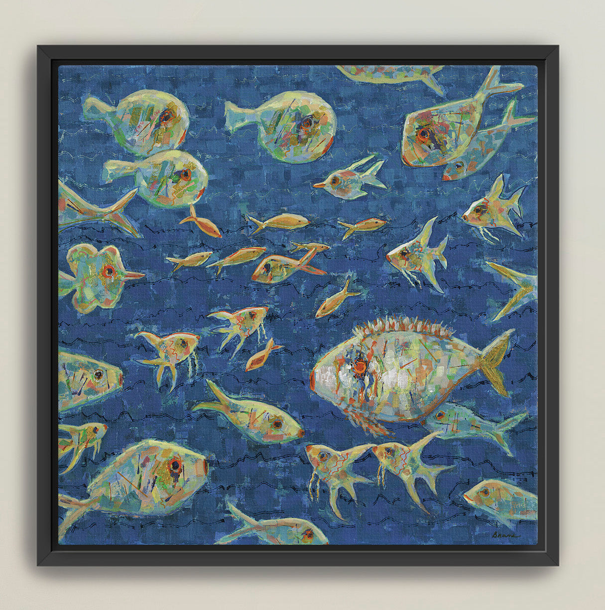 Modern abstract fish artwork framed for luxury coastal décor