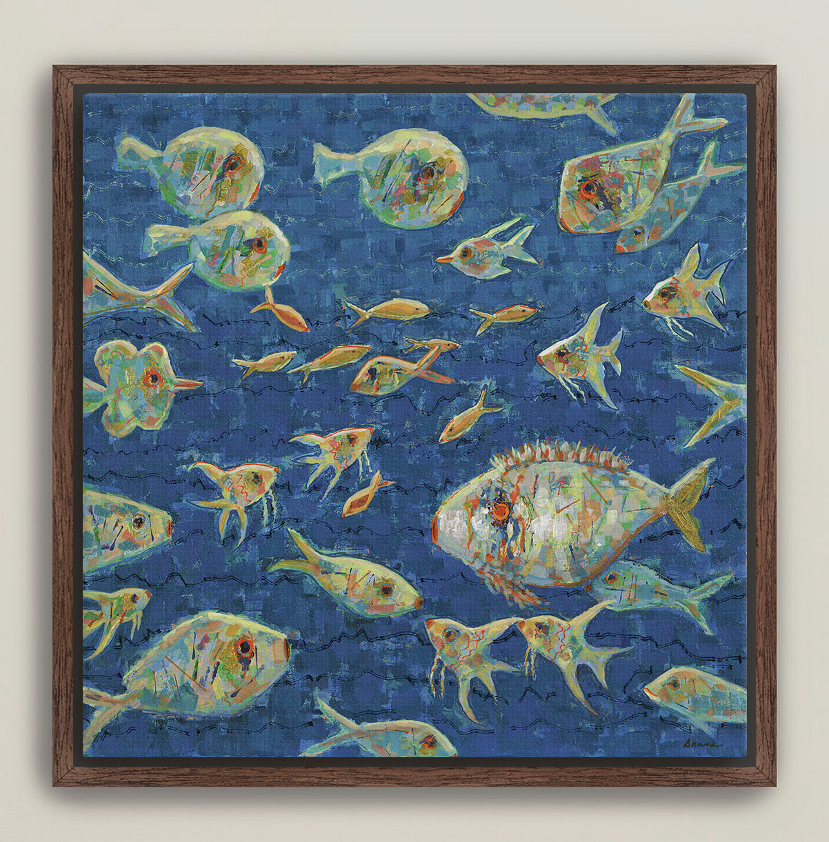 Deep blue ocean fish art in elegant brown frame for contemporary interiors