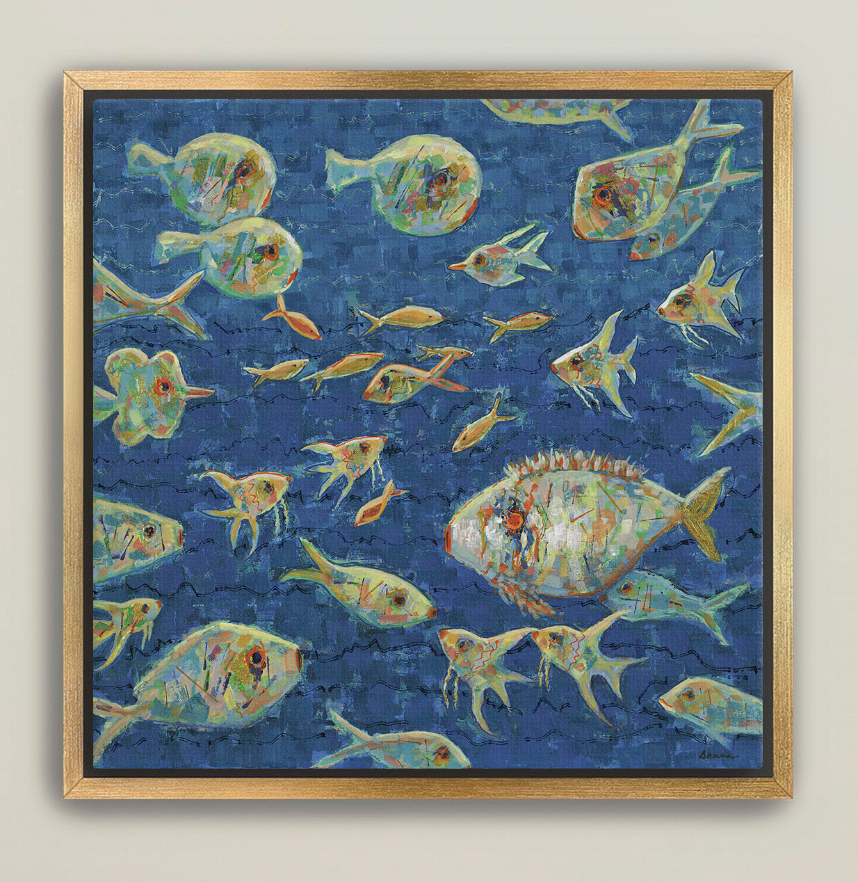 Framed giclée canvas of colorful fish school for coastal homes