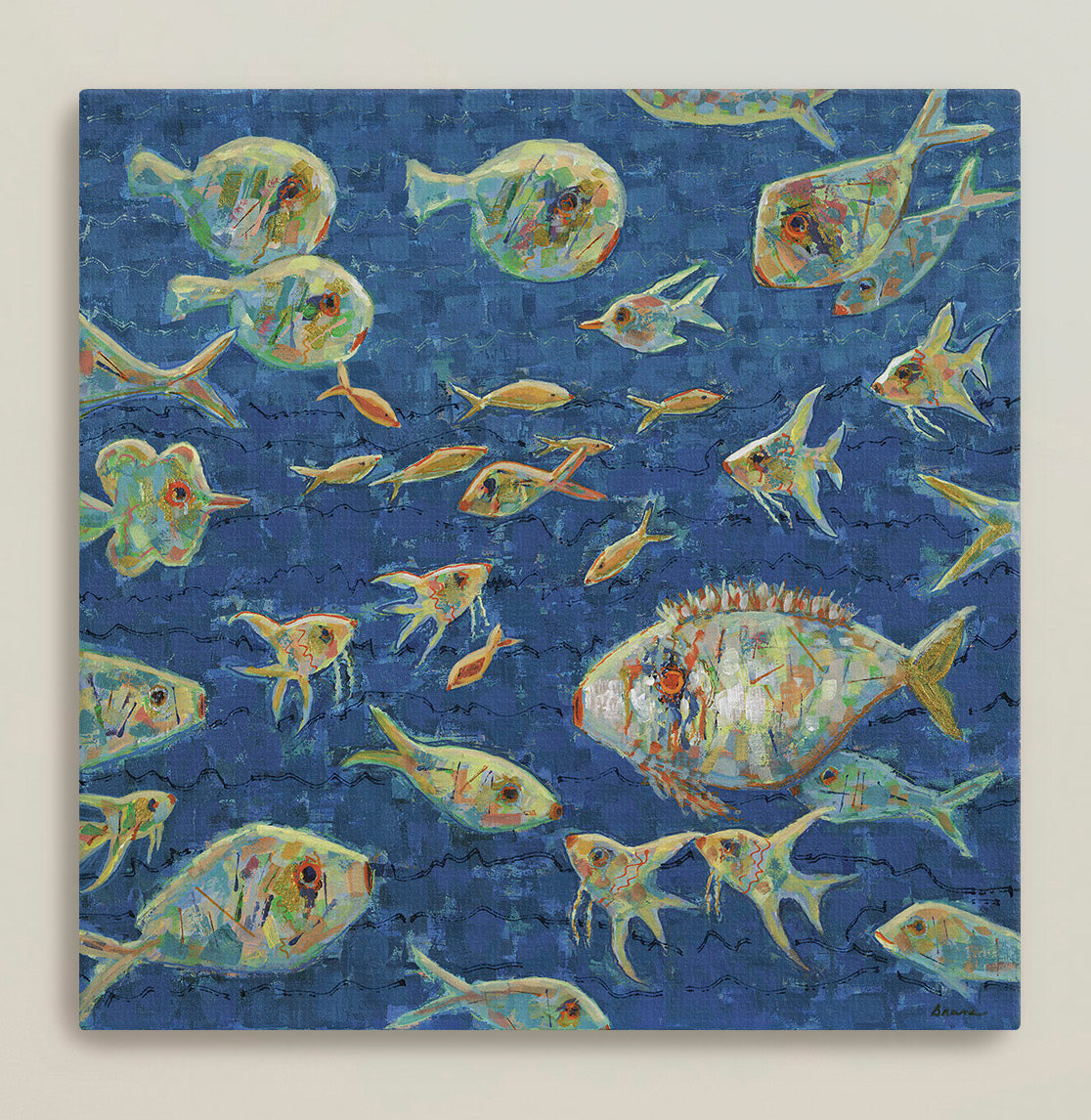 Modern coastal fish artwork with expressive texture and bold color