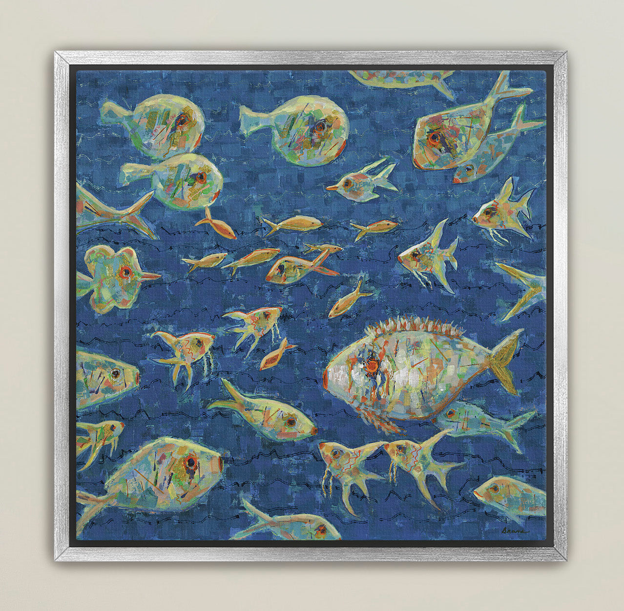Luxury coastal fish painting in silver frame for designer spaces