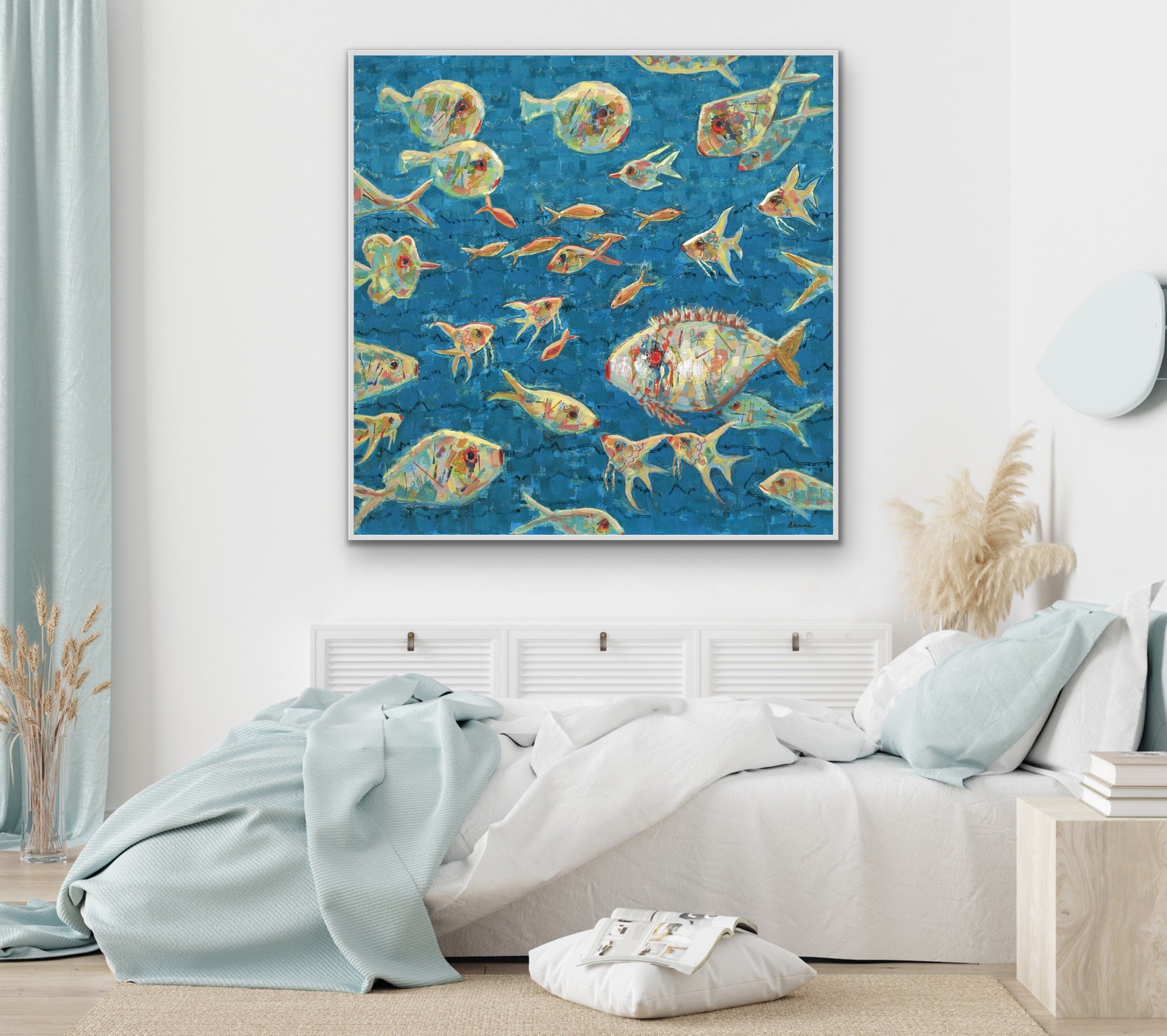 Bedroom with a colorful fun unique fish painting on the wall