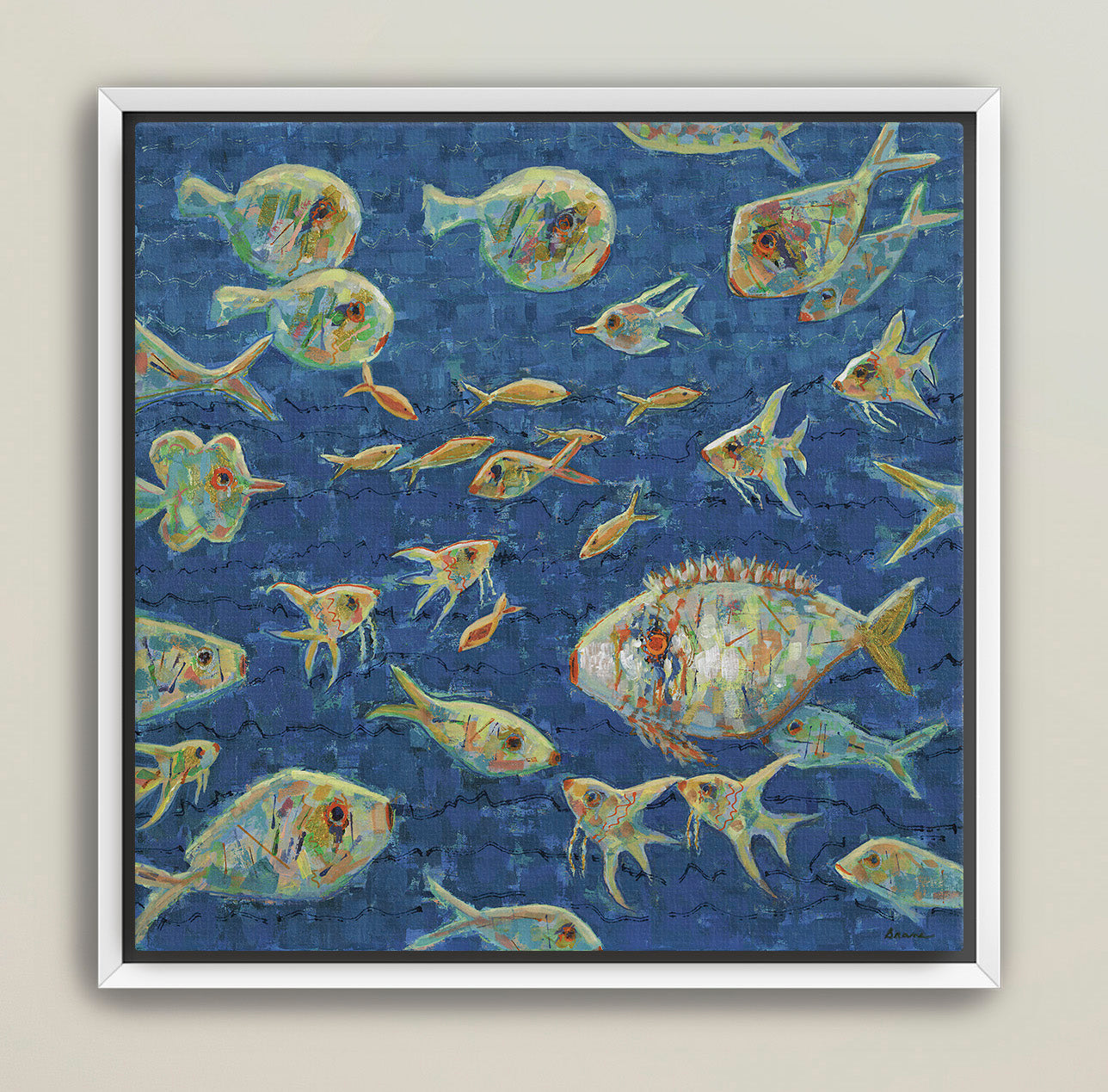 Sea of Possibilities framed coastal fish canvas print in white frame
