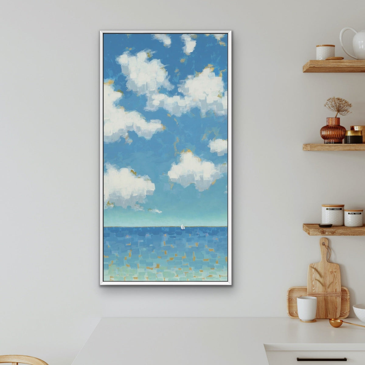 modern seascape with billowing clouds and a sailboatt