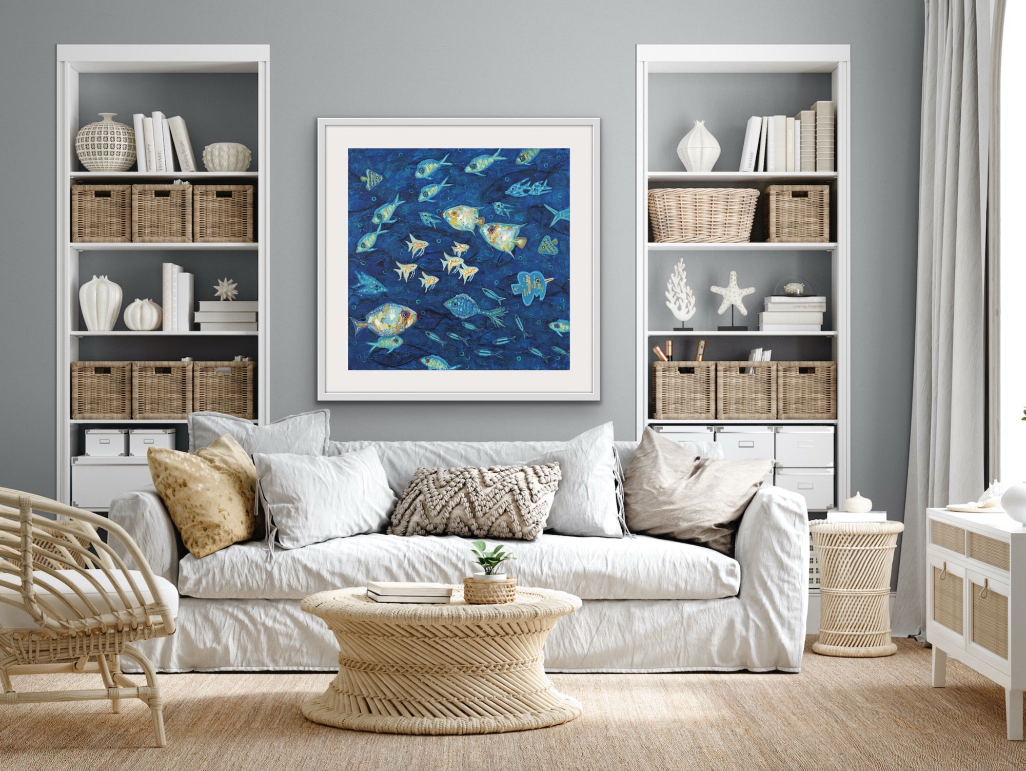 Archival cotton rag marine artwork matted and framed in contemporary style