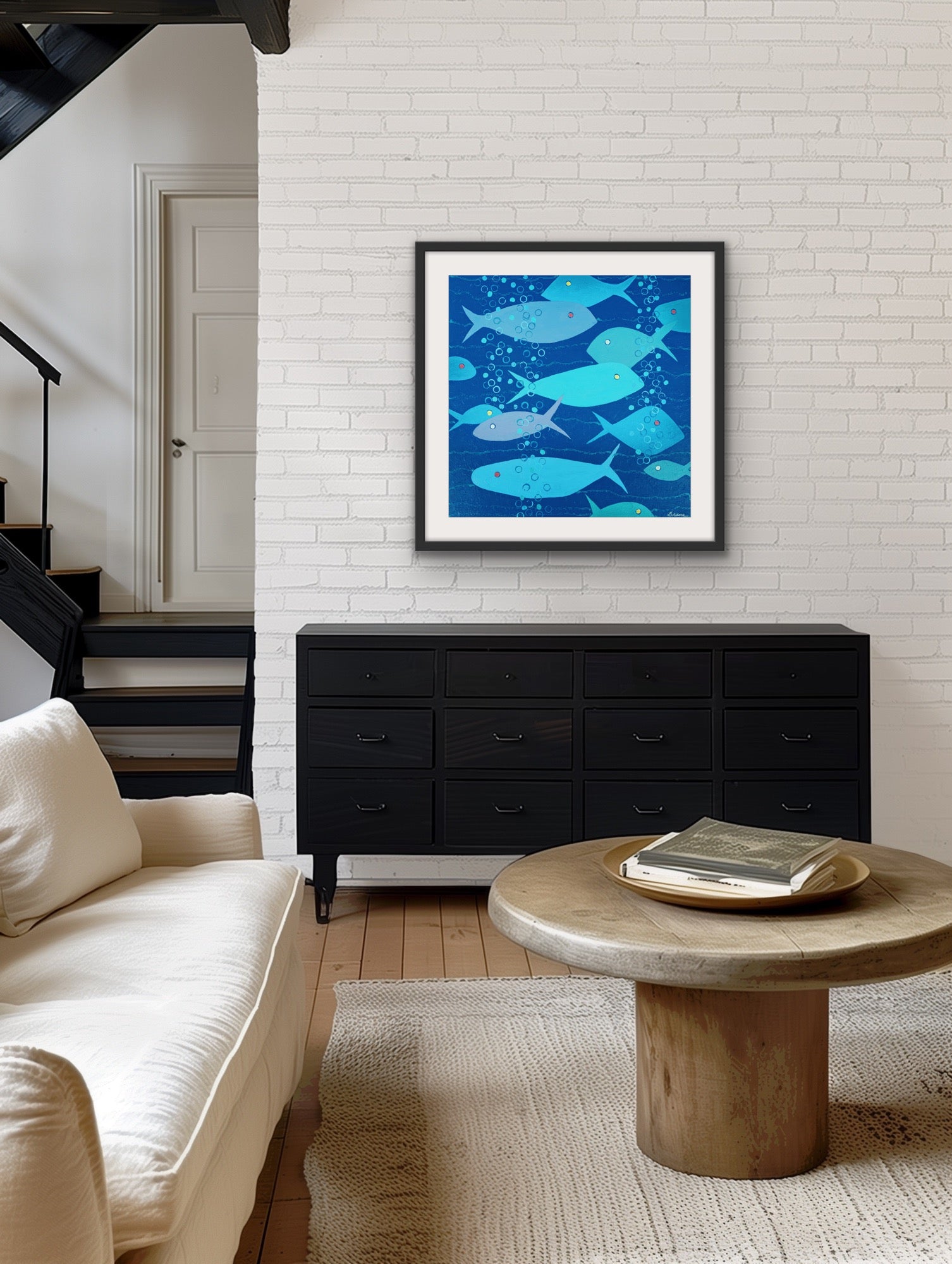 sophisticated fish artwork in living room