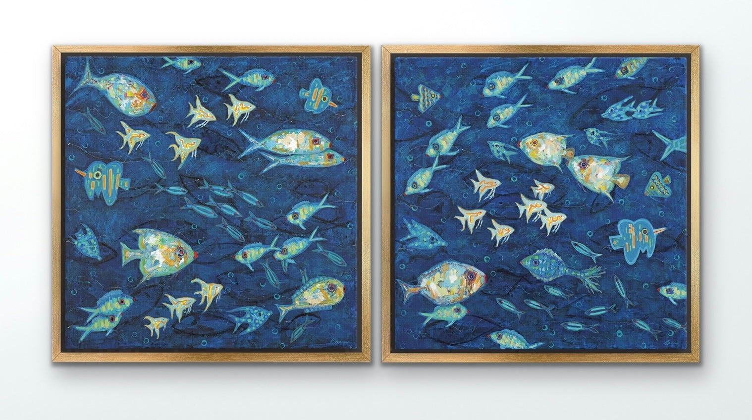 two-panel marine artwork featuring diverse colorful fish in motion