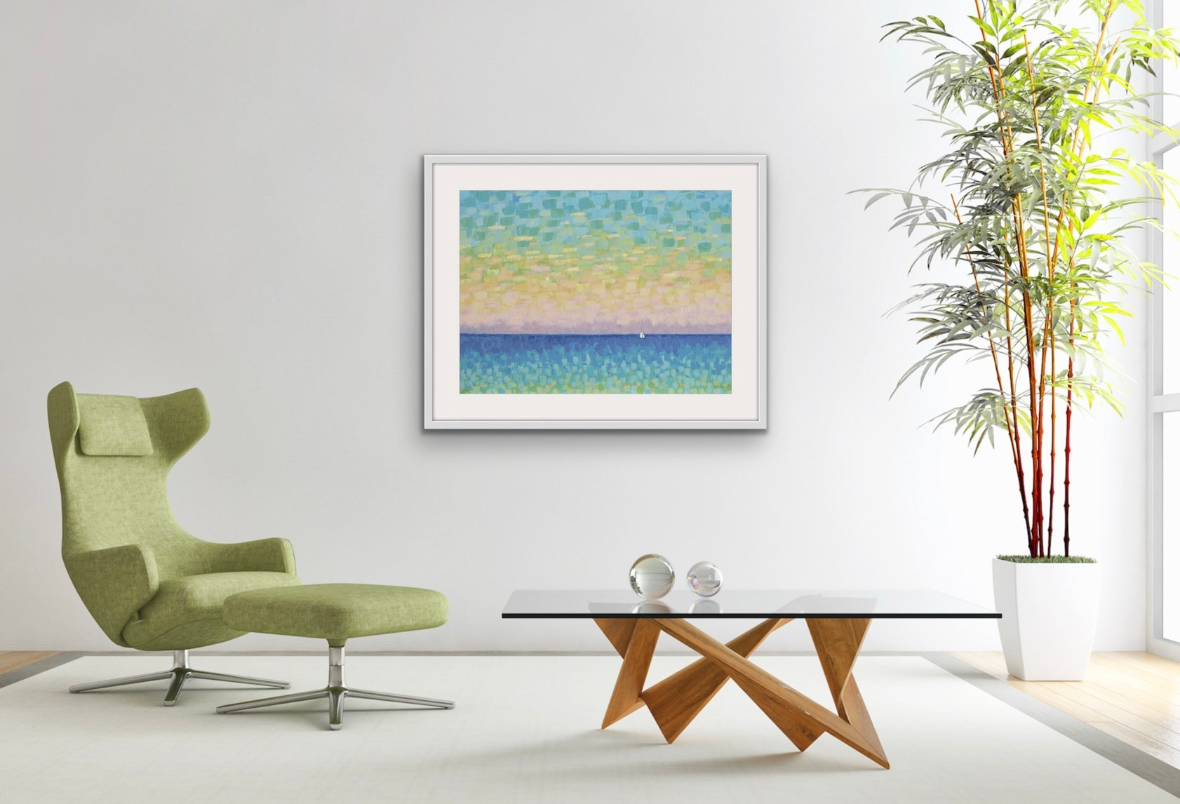 Modern living room with a green armchair, calming beach house wall art in soft pastel colors abstract painting, and decorative items.