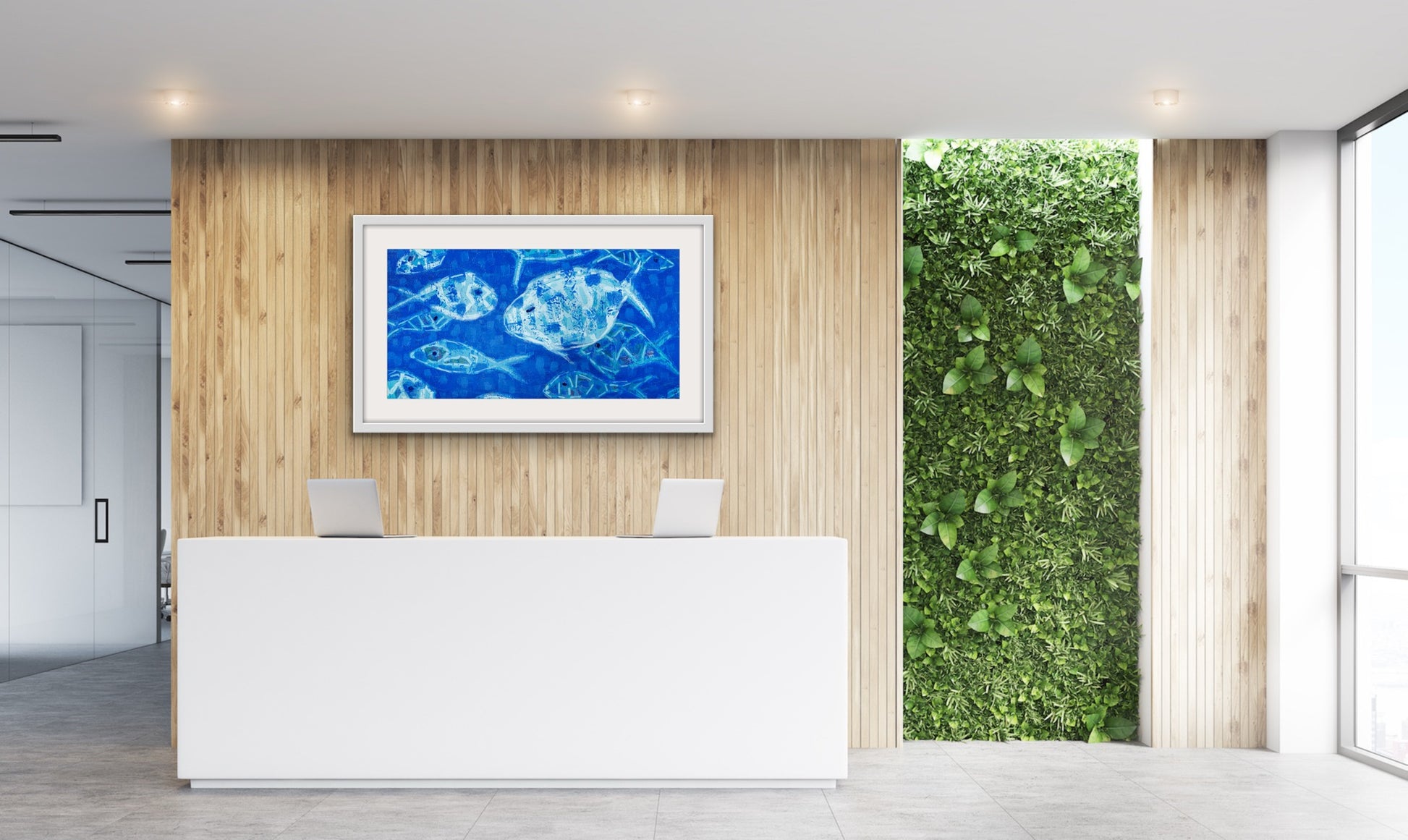 Modern office reception area with a white desk and Elegant ocean-inspired cotton rag print for coastal office décor