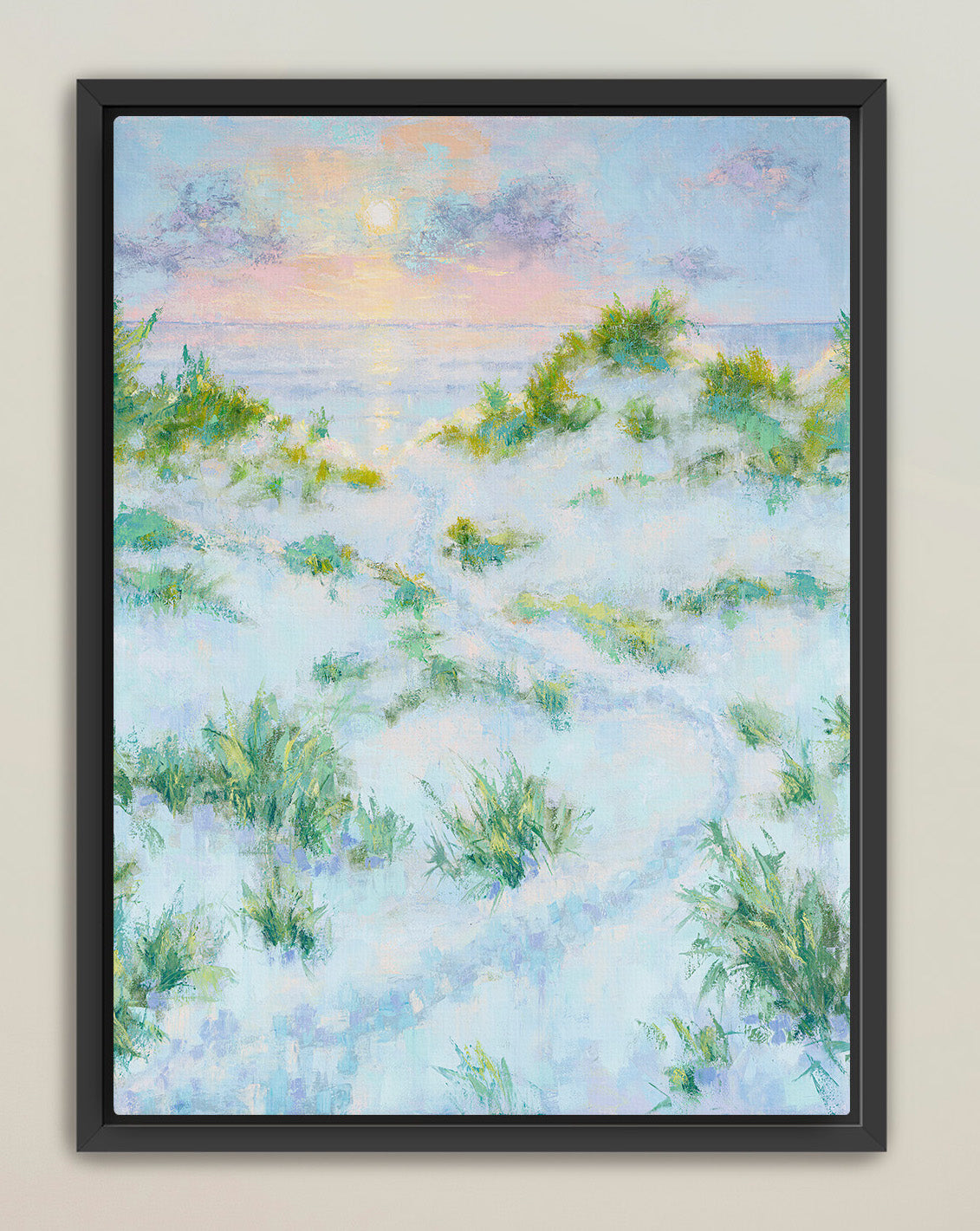 Vertical coastal dunes painting in soft blues and greens