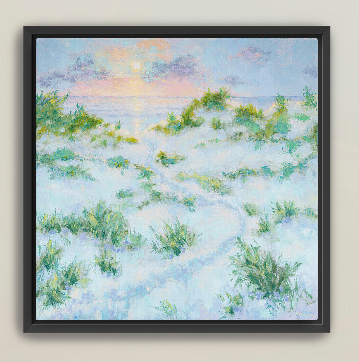 Framed 48 x 48 artwork of a sunrise beach scene with sand dunes and ocean.