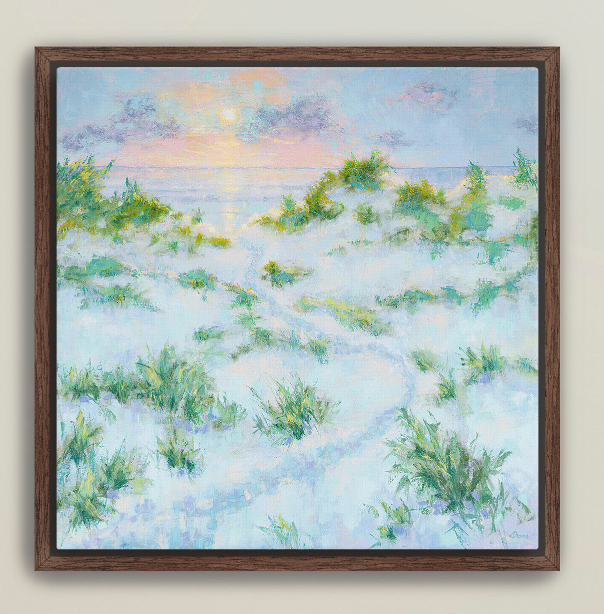 Framed fine art giclee canvas print of a sunrise beach scene with sand dunes