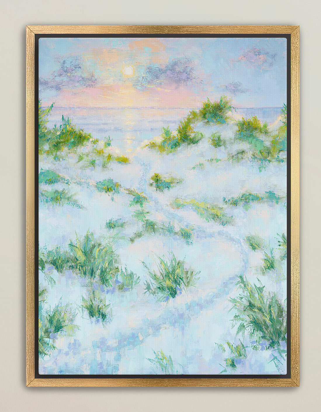 Sunrise over dunes coastal art in tall canvas format