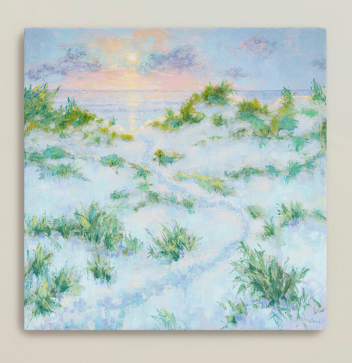 Pastel coastal landscape with dunes and serene expressionistic feeling.
