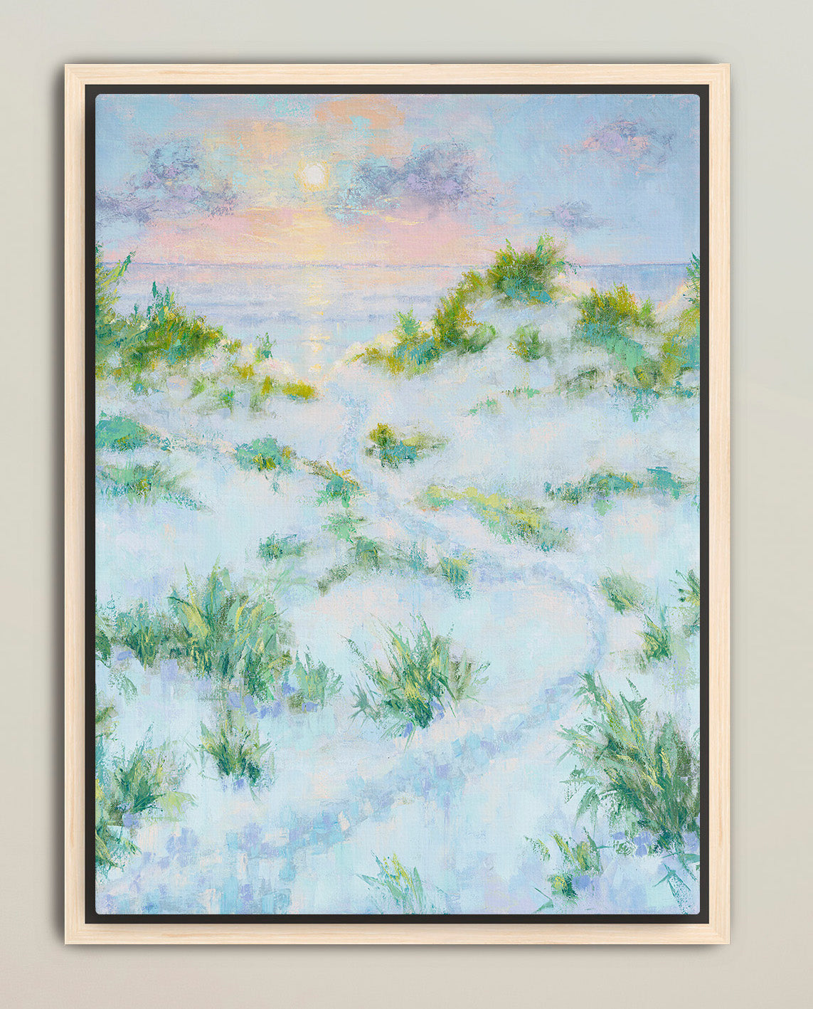 Serene coastal morning scene with winding sand path