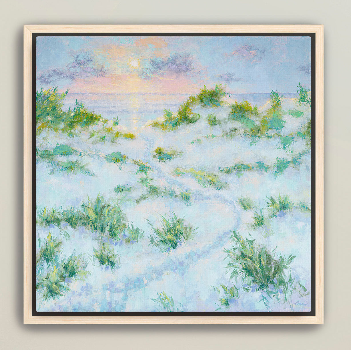 Framed beach dunes artwork with pastel sunrise for coastal décor