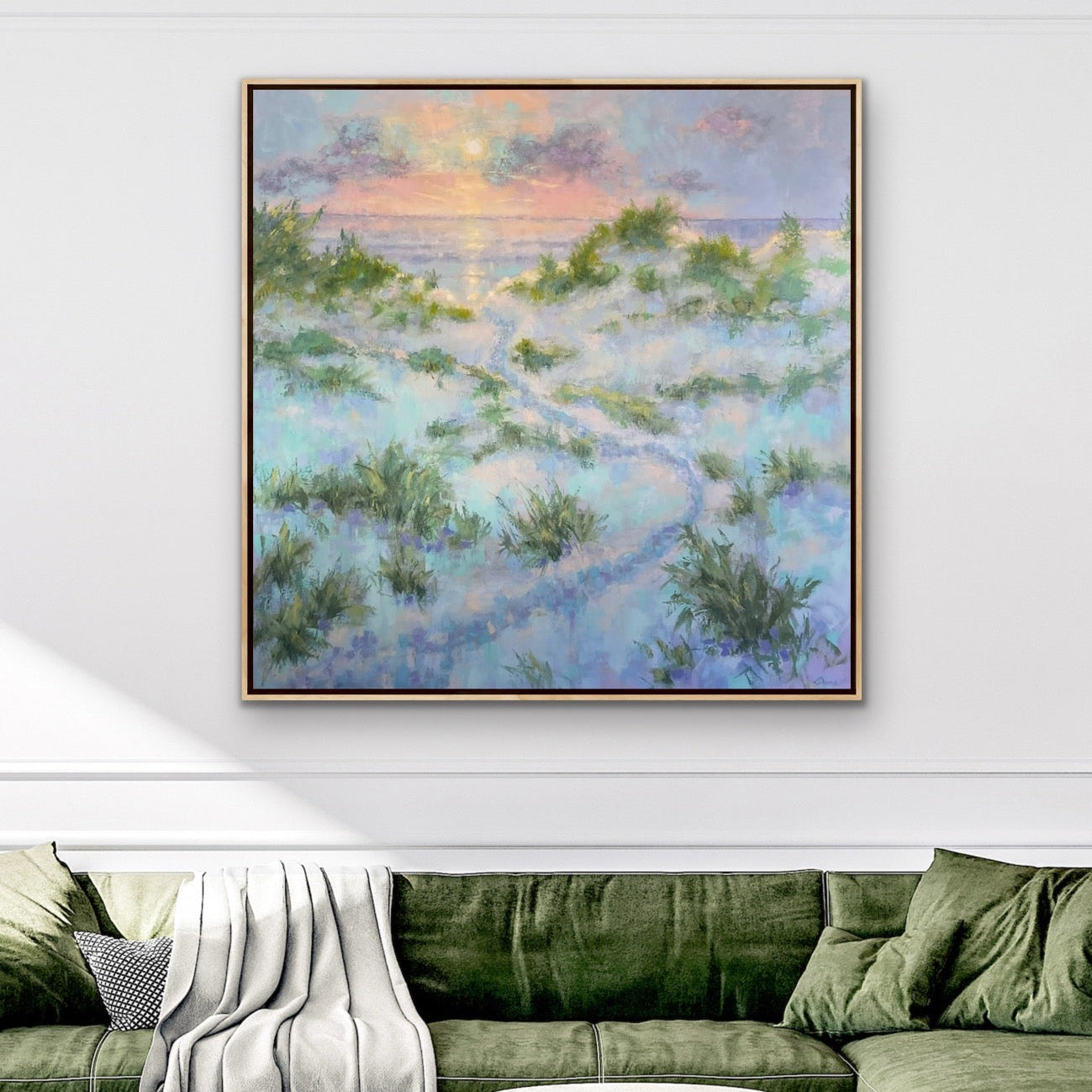 Original coastal landscape painting titled Summer Dreams featuring soft blue, green, and pastel tones with a serene shoreline atmosphere