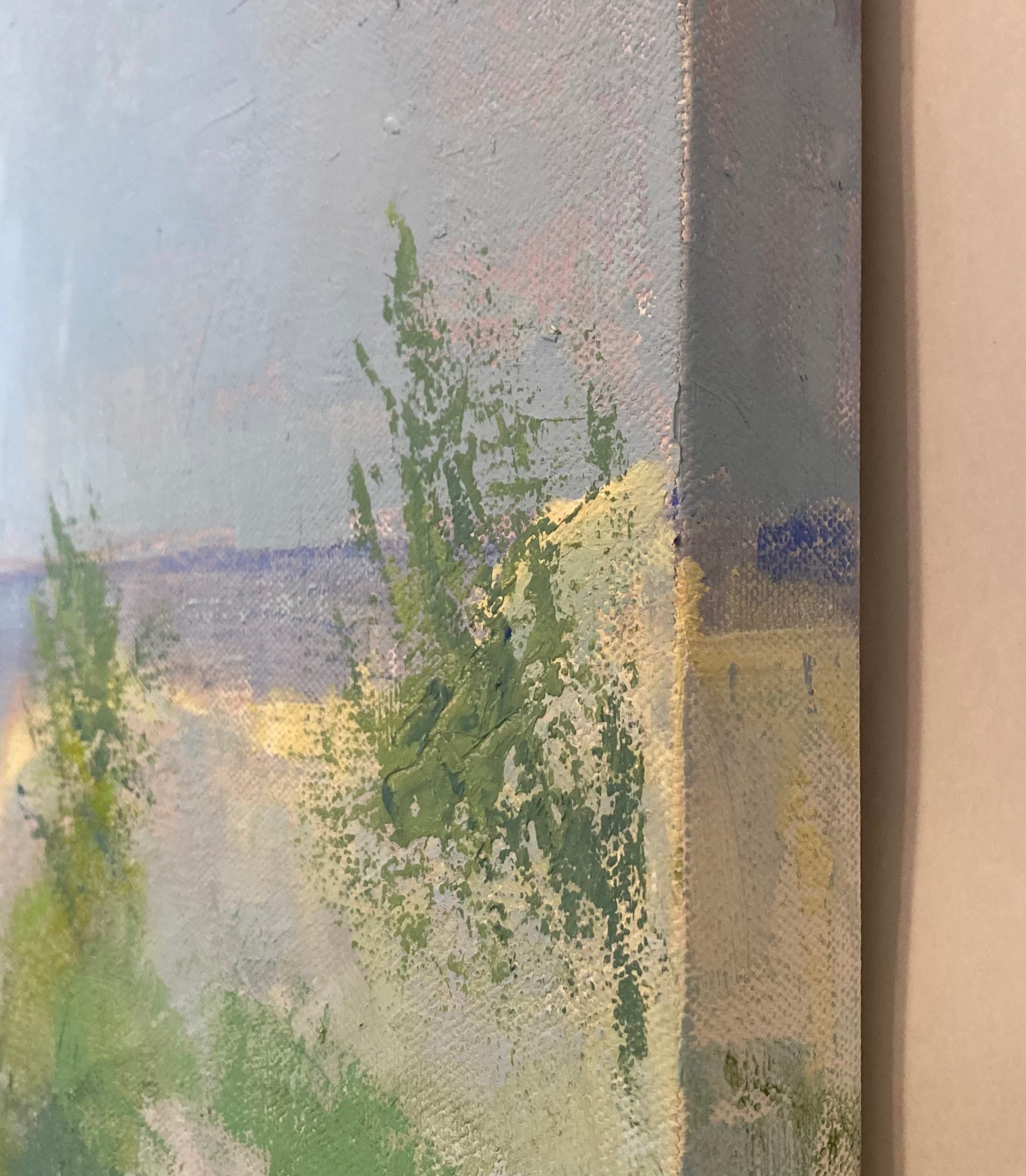 Close-up detail of layered brushwork and soft blended color in the original coastal painting Summer Dreams