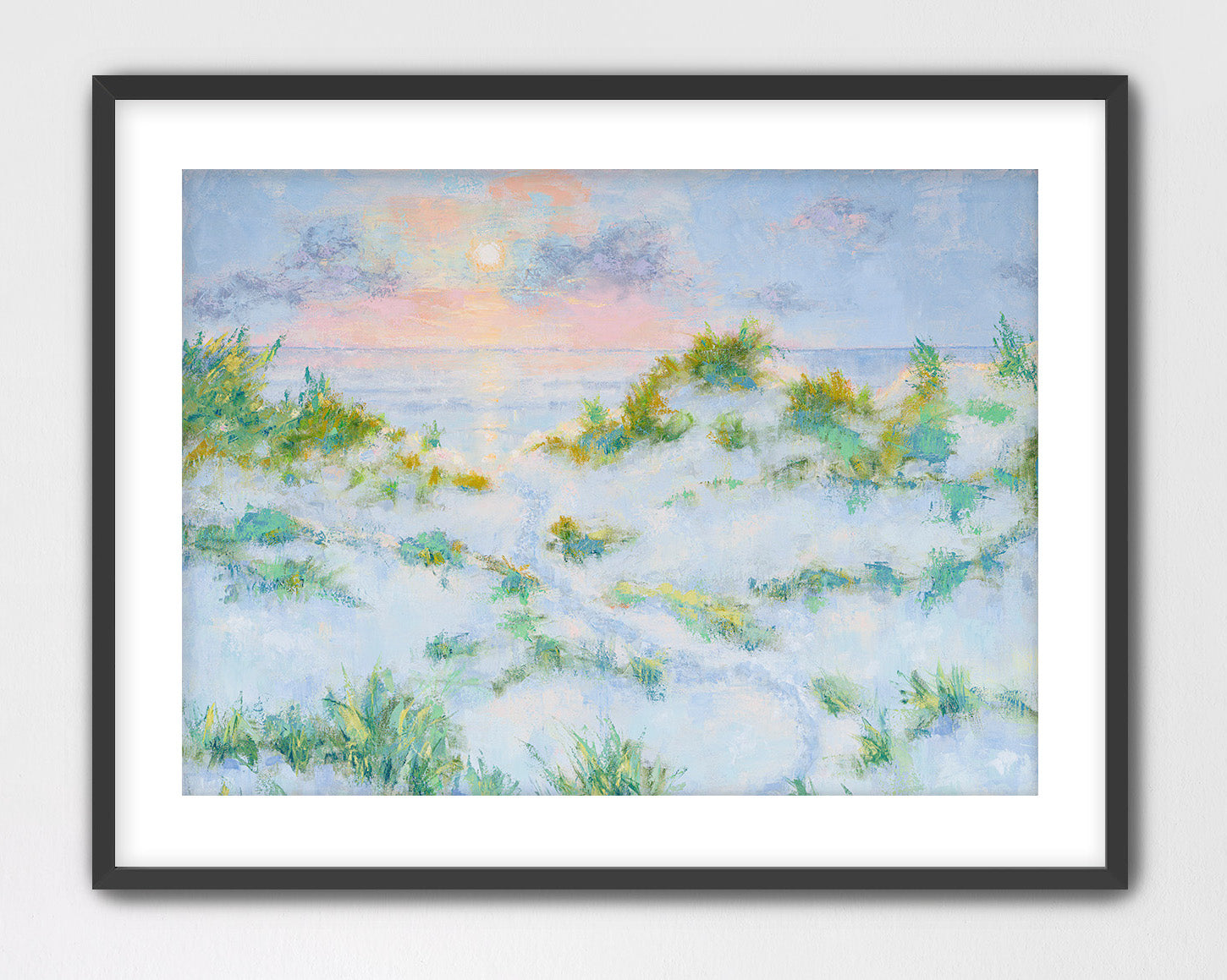 Horizontal pastel sunrise landscape with dune grasses
