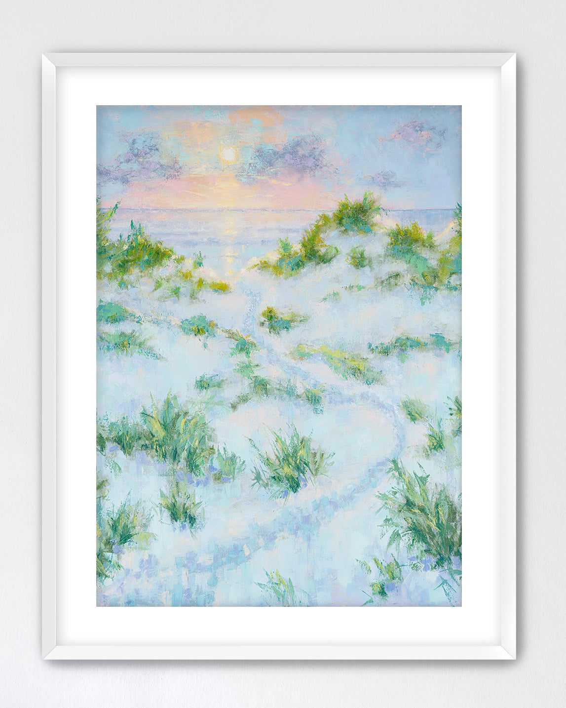Vertical sunrise artwork with dune grasses and pastel sky