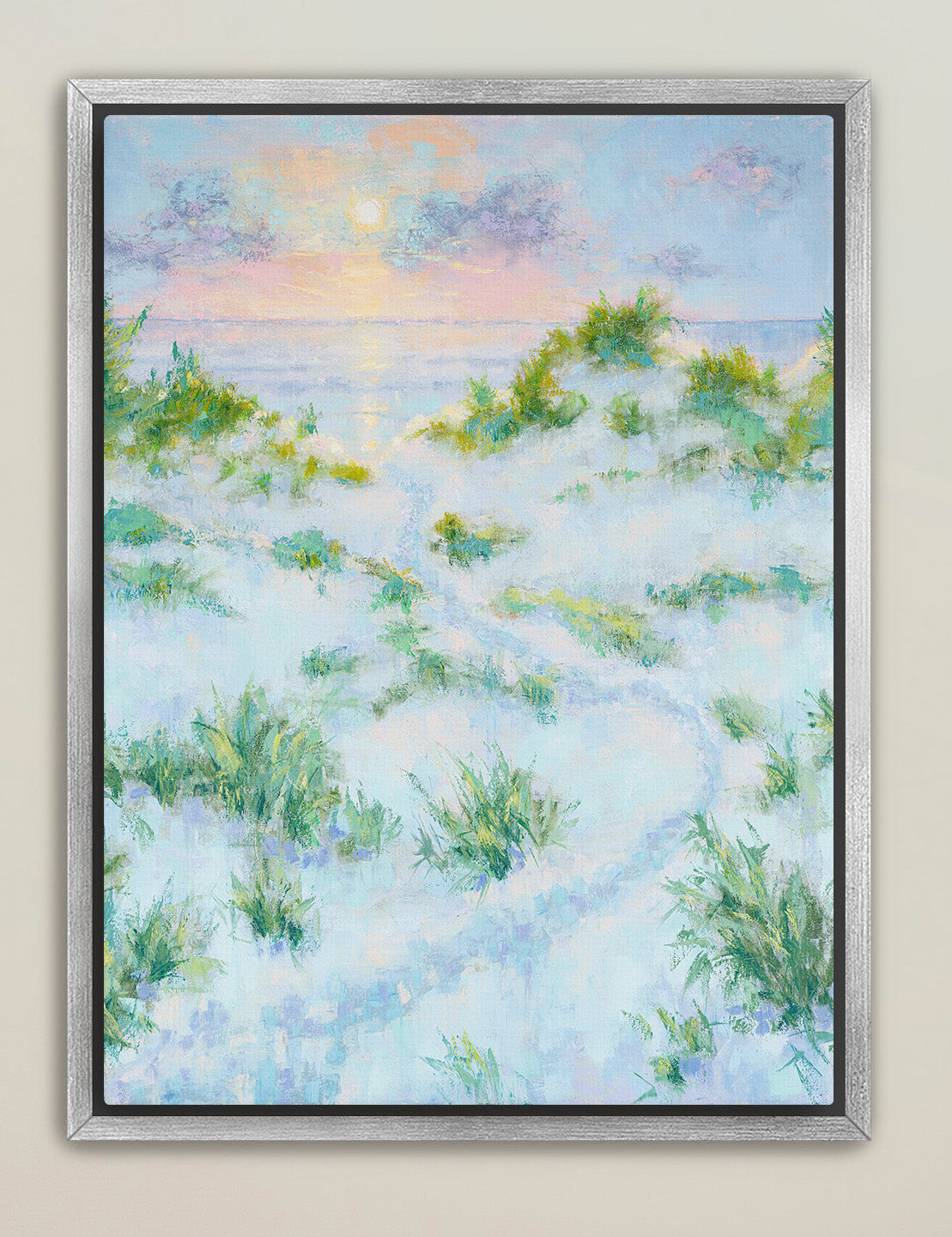 Soft pastel coastal sunrise canvas vertical crop