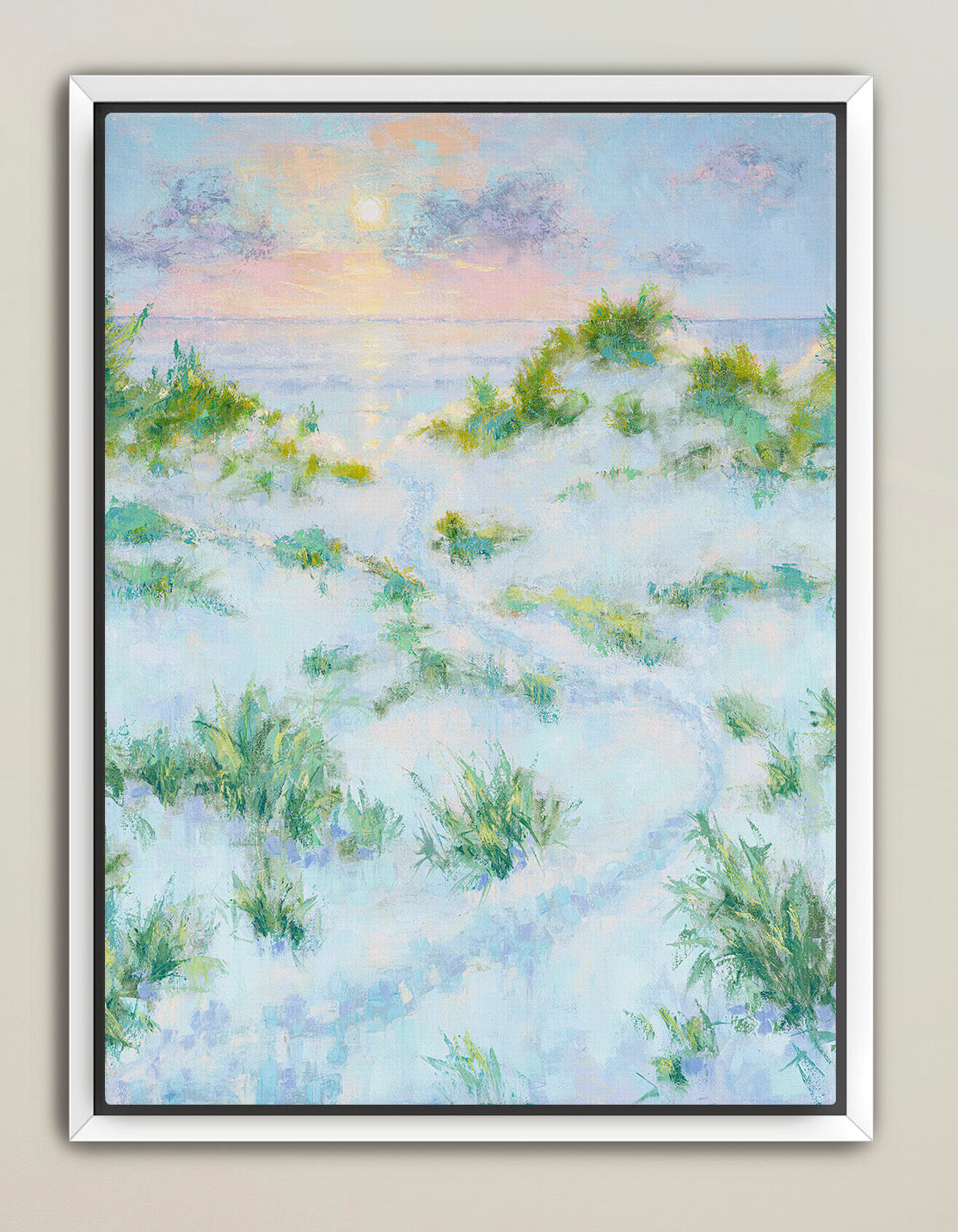 Sunrise over dunes coastal art in tall canvas format