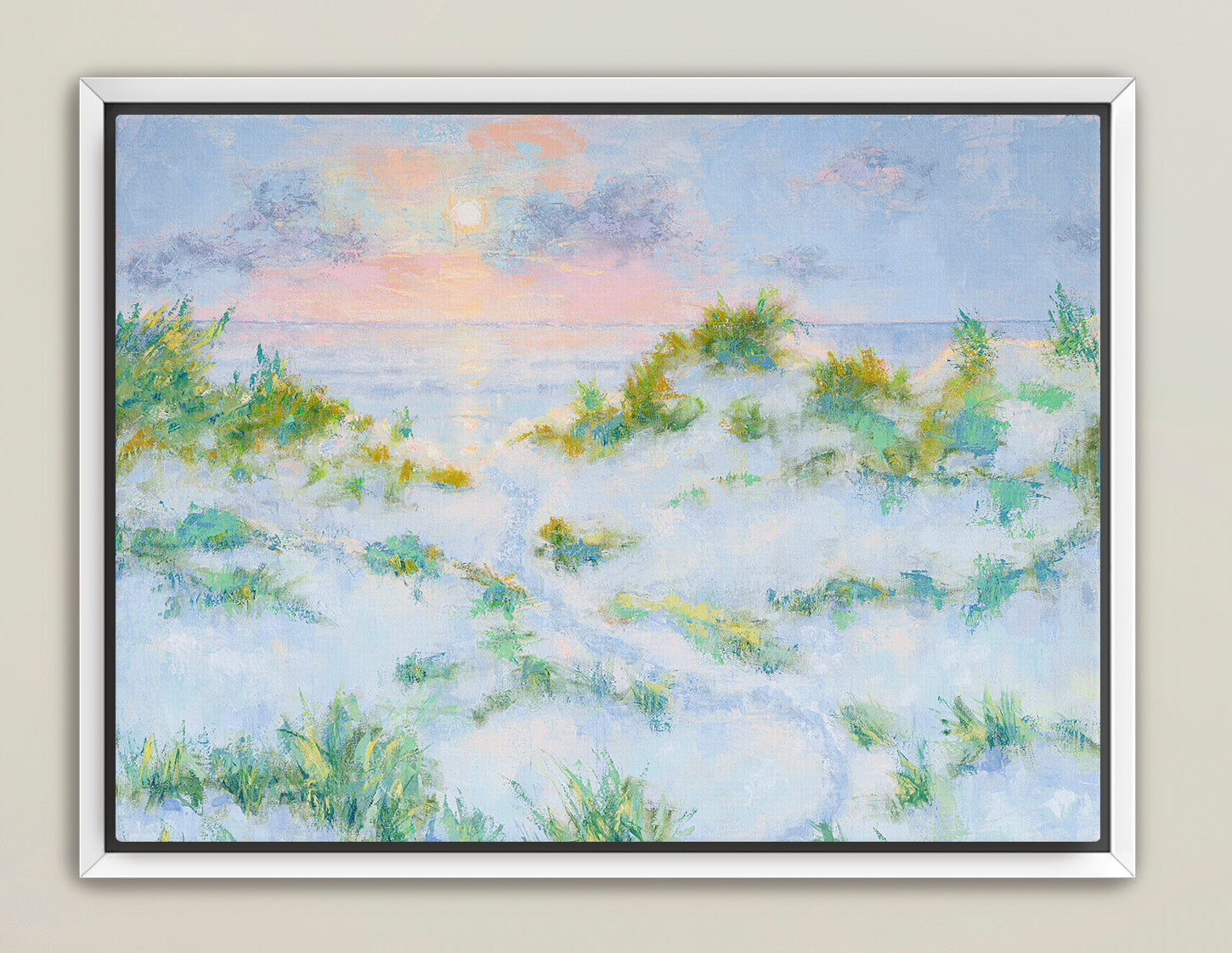 Pastel sunrise ocean painting in horizontal crop