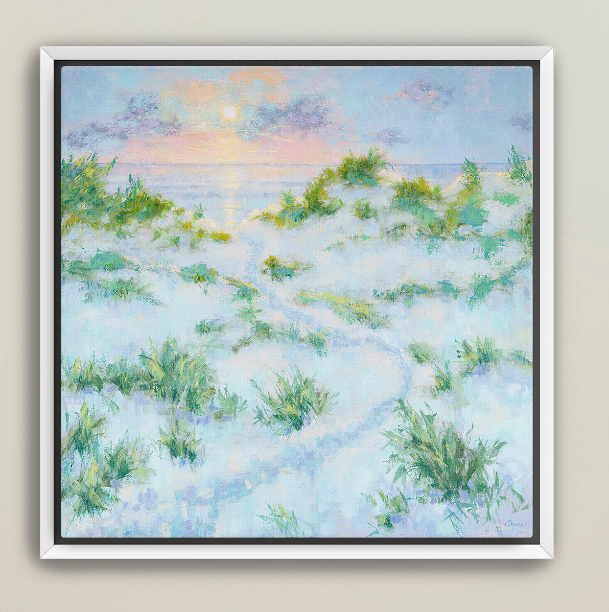 Beach sunrise painting in light blue and peach tones in a white floater frame