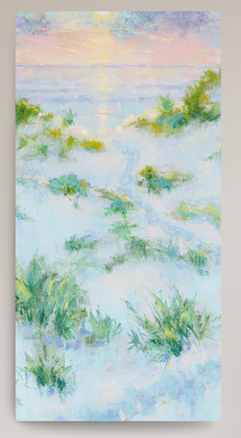 An impressionistic landscape painting of a beach scene with dune grasses, rendered in soft pastel tones of blue, green, white, and yellow.