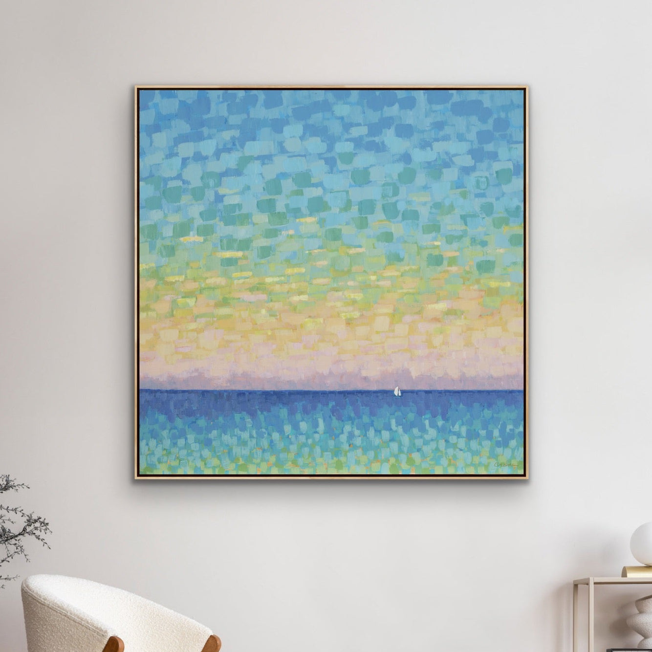 48” x 48” original ocean horizon painting with serene blue and sunset tones.