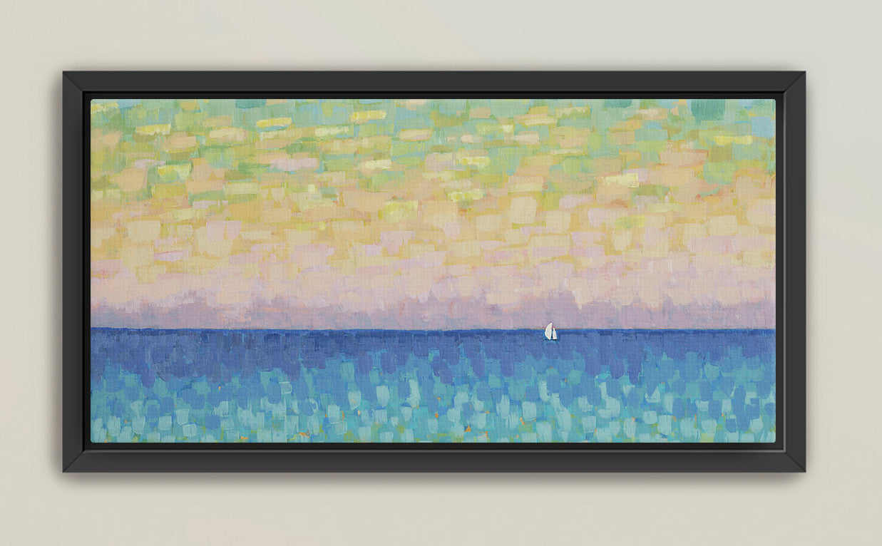 Modern coastal wall art showing horizon line and vibrant mosaic brushstrokes