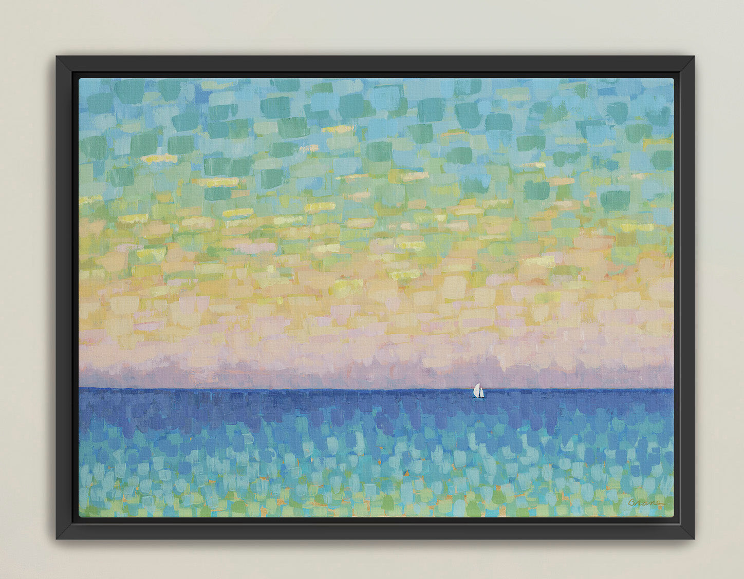 Horizontal pastel sunset painting with sailboat and mosaic brushstrokes