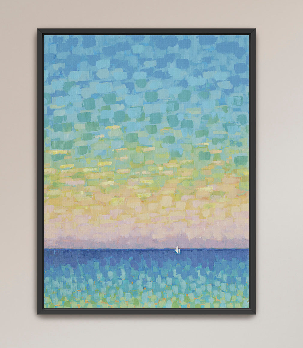 Modern coastal vertical canvas in blue, green, and peach tones