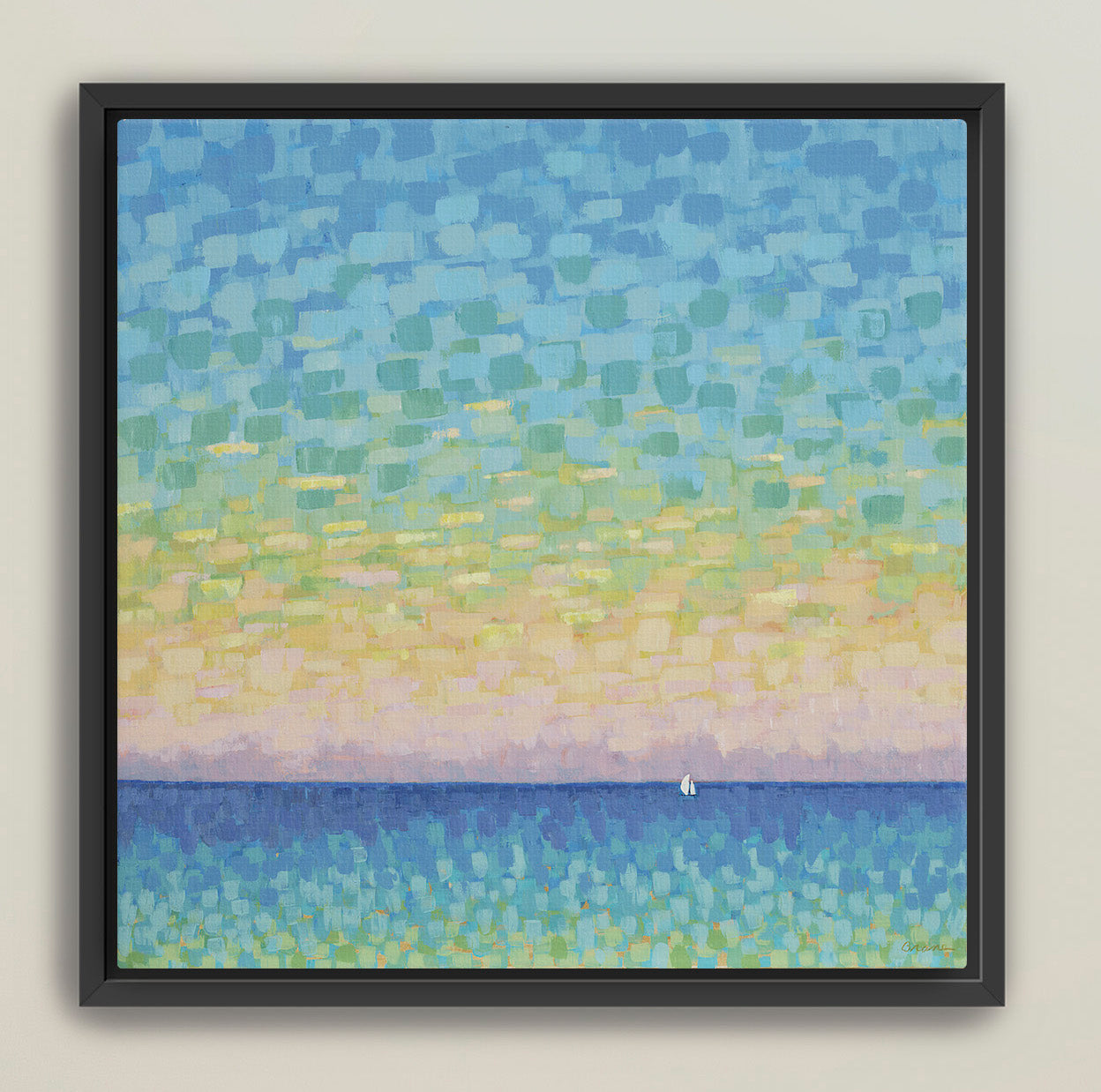 Sunset Sail framed coastal canvas print with pastel mosaic sky