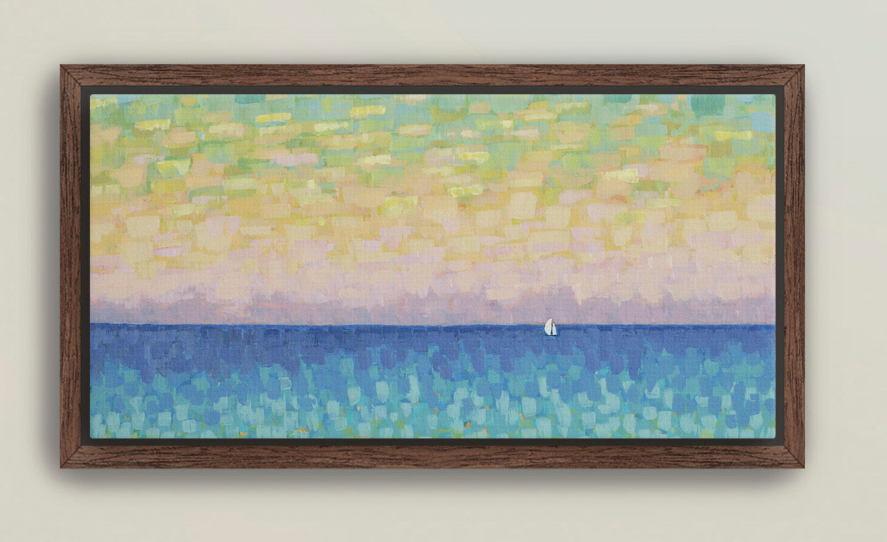 Panoramic ocean artwork in soft blues, greens, and peach sunset tones