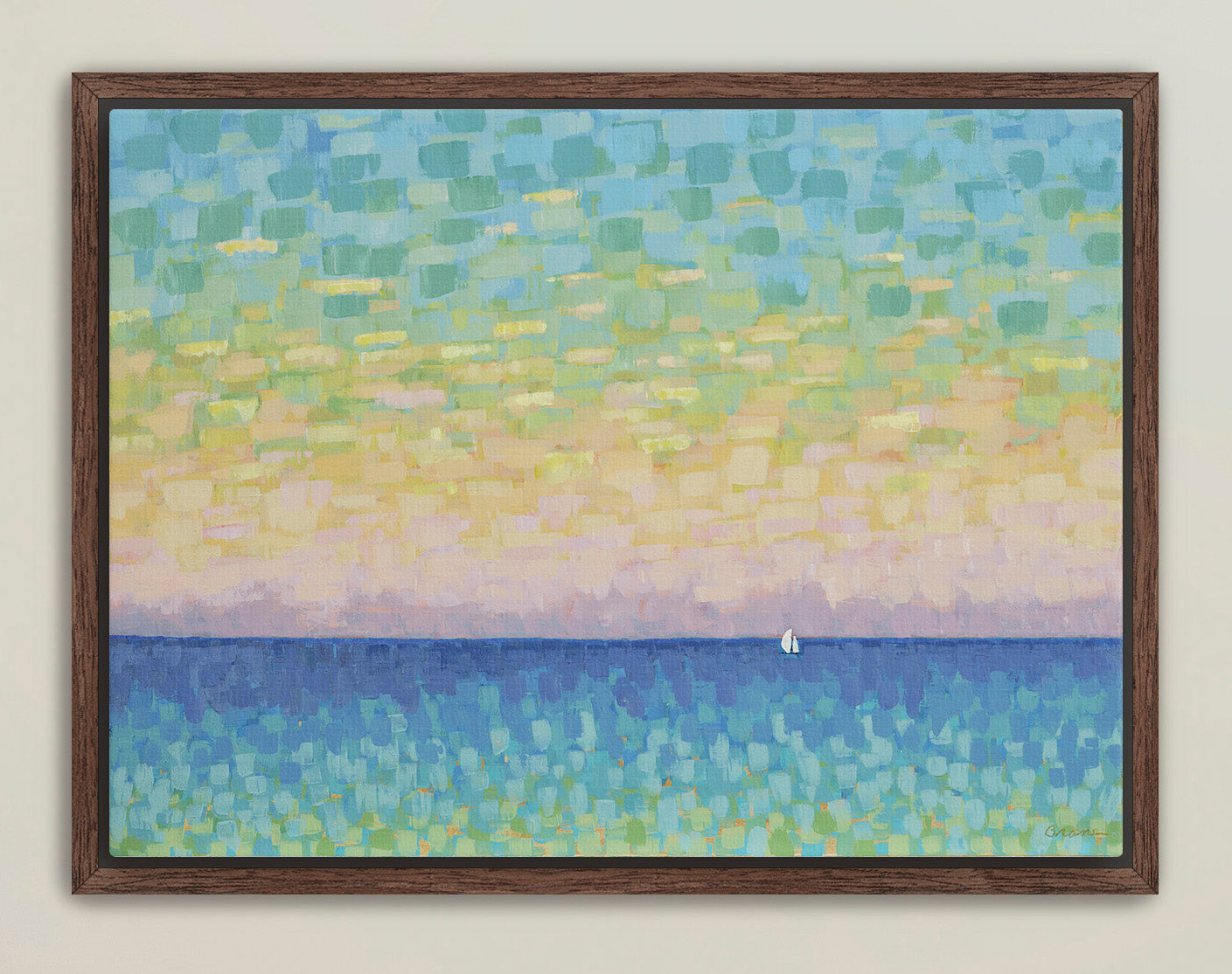 Blue and gold horizontal seascape artwork with small sailboat