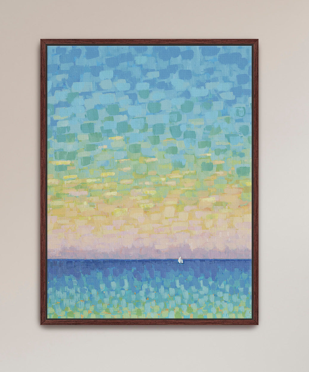 Abstract impressionist sunset sky over blue ocean in vertical format