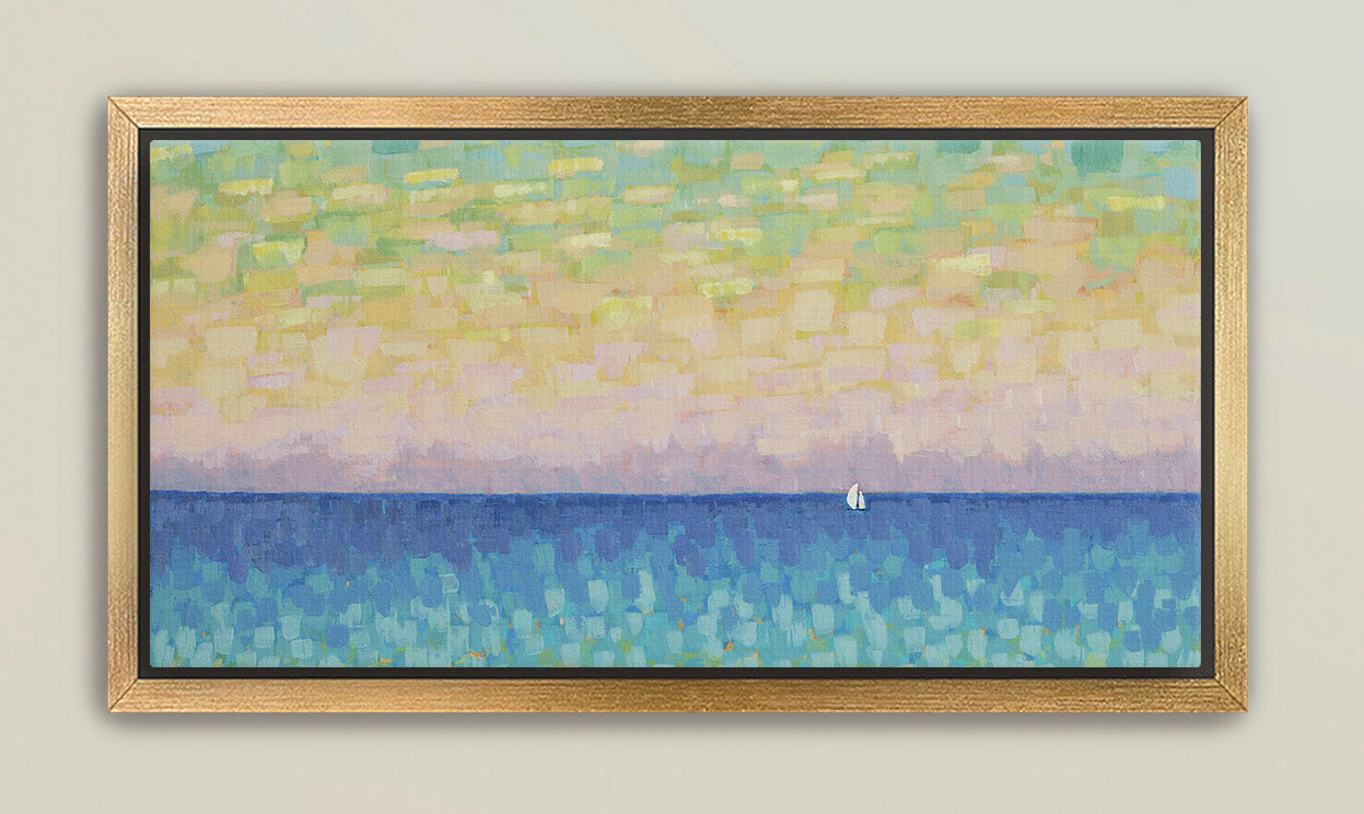 Serene seascape canvas with distant sailboat on calm horizon.