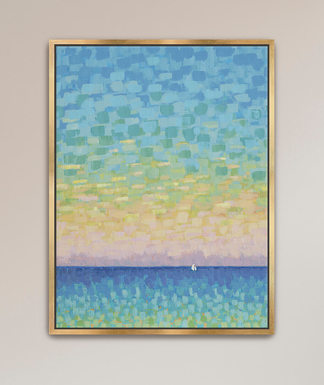 Pastel ocean sunset artwork with small white sailboat on the horizon