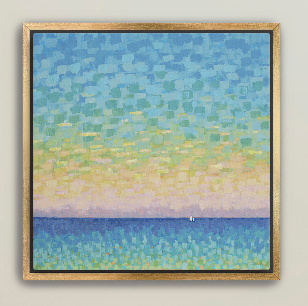 Pastel coastal seascape framed for designer interiors and living rooms