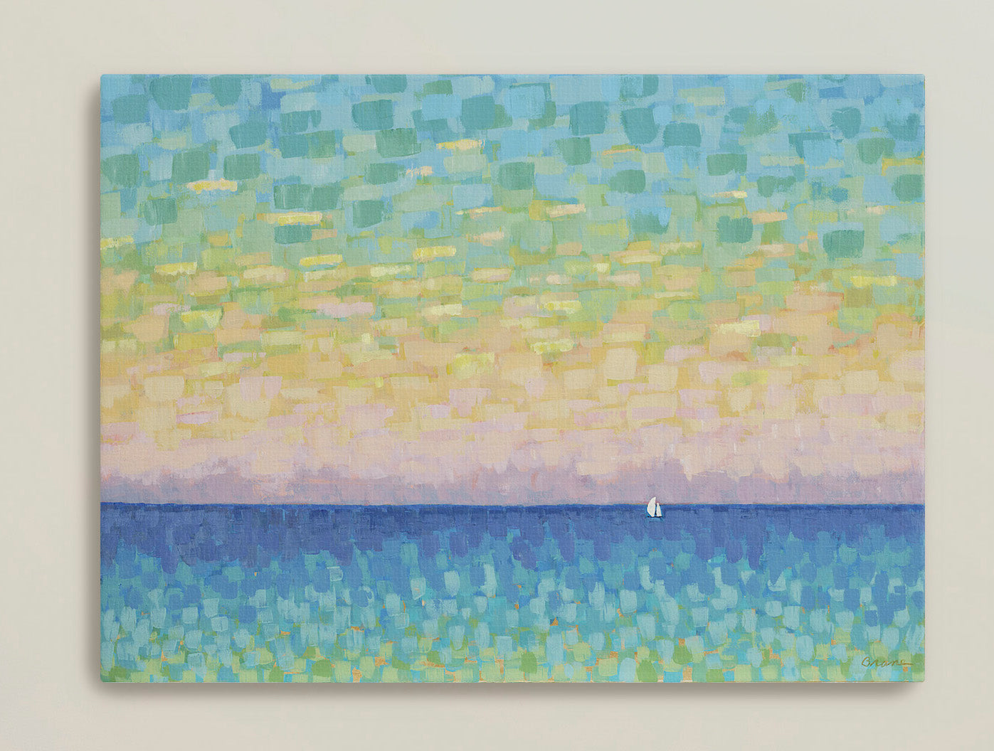 Pastel coastal horizon painting in wide panoramic format
