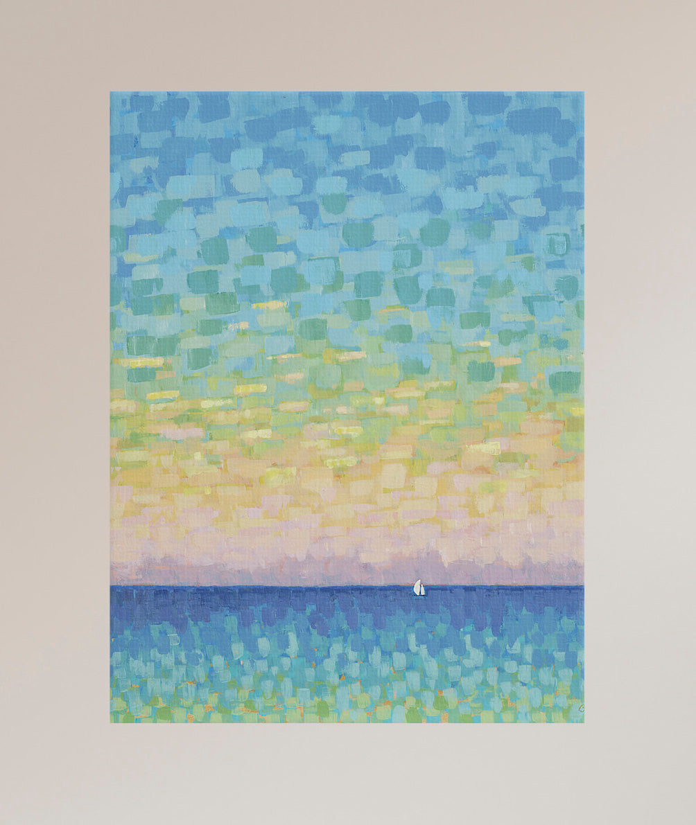 Sunset Sail vertical canvas print with pastel sky and tiny sailboat