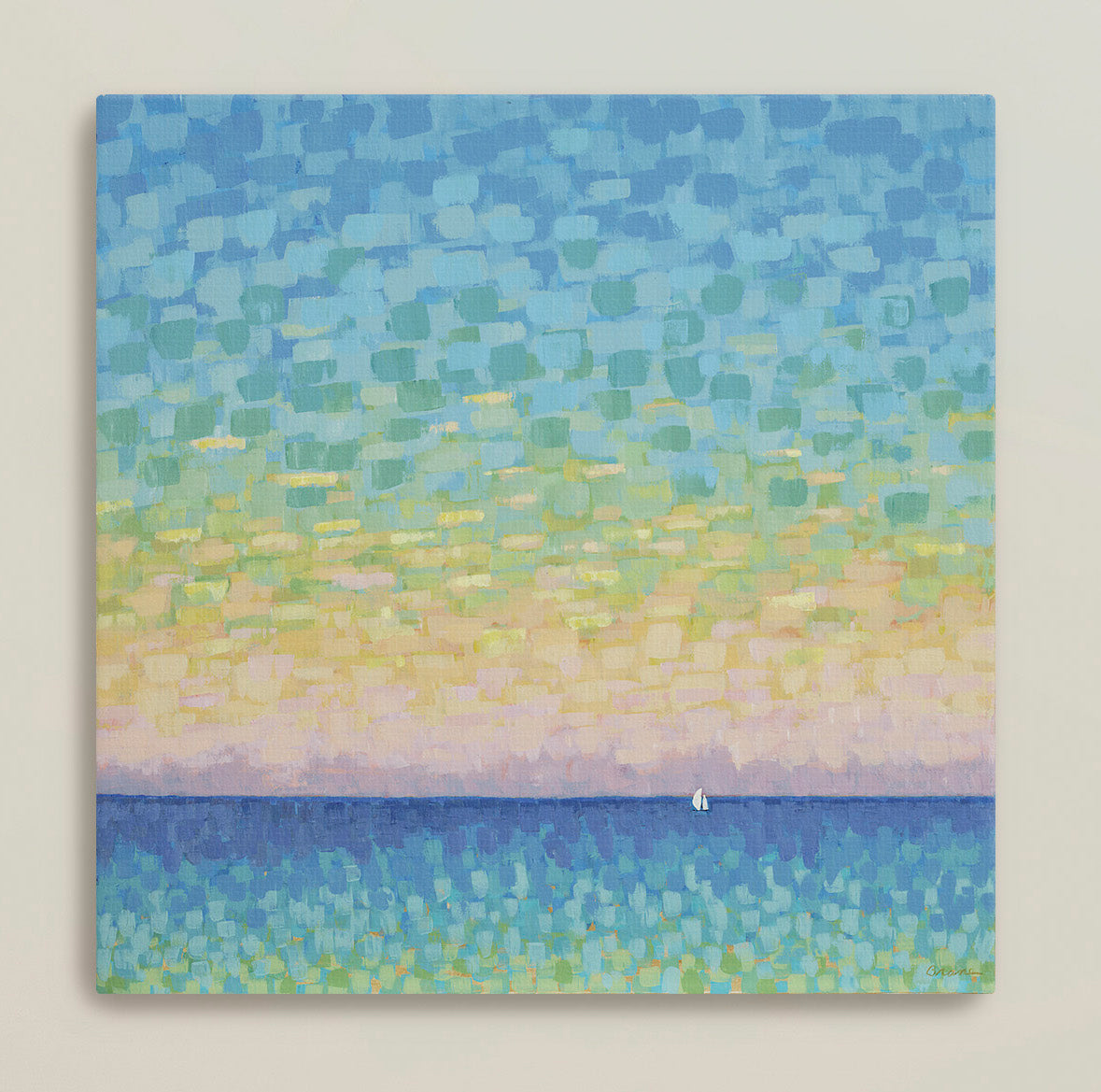 Modern coastal sunset painting with soft gold, aqua, and blue tones
