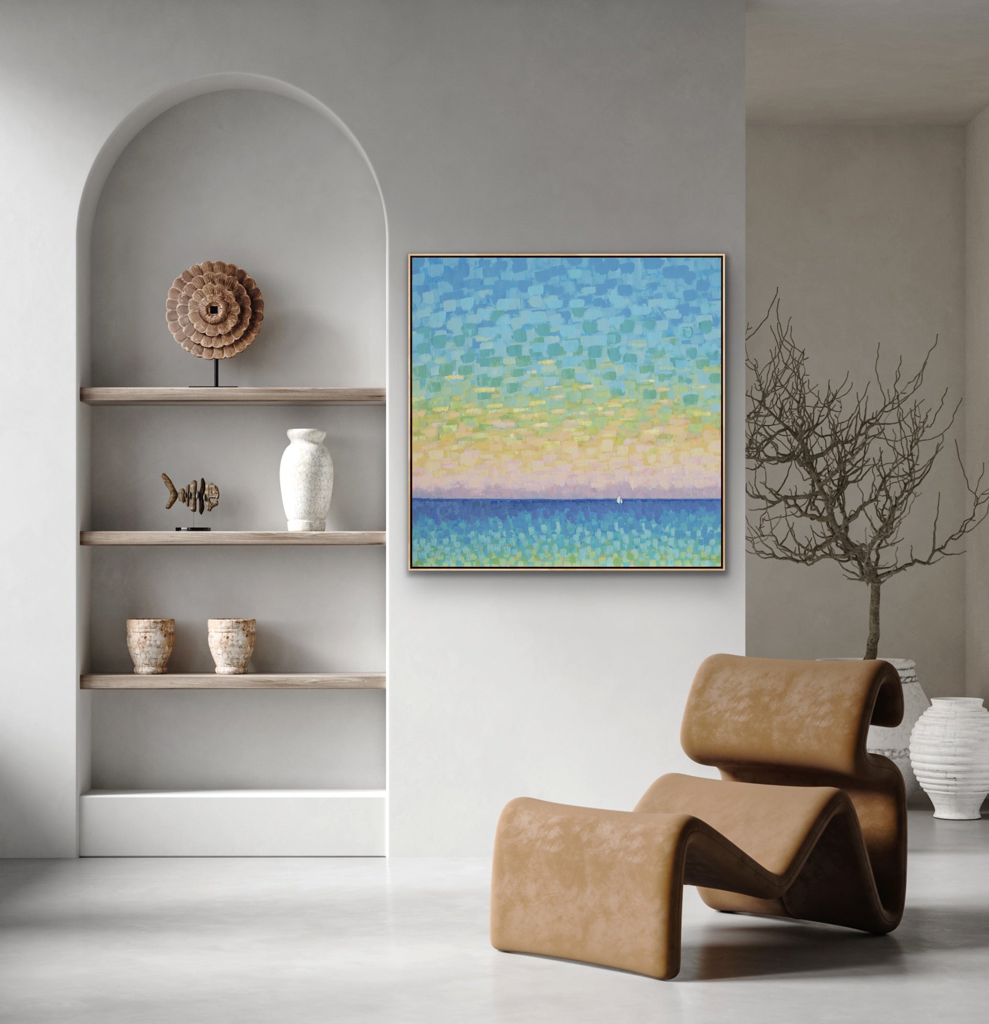 Mosaic-style brushwork and textured surface detail in Sunset Sail.