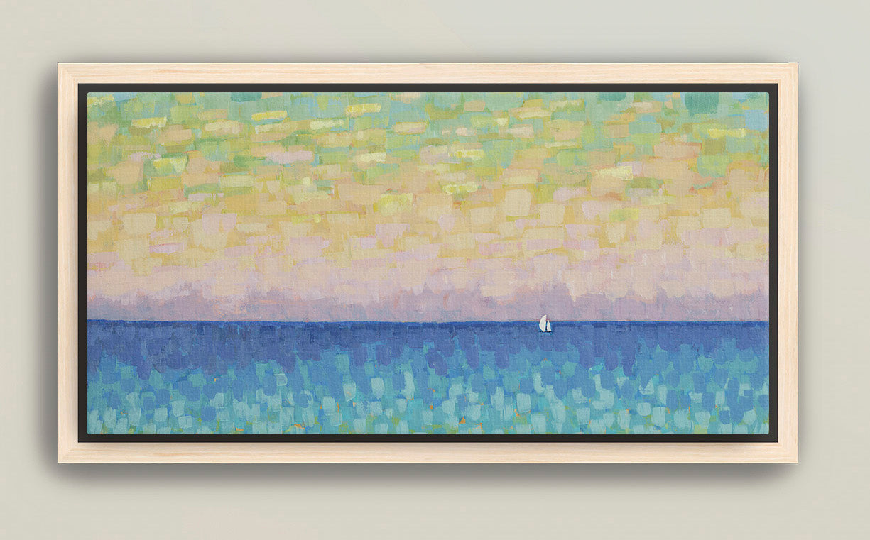 Wide-format coastal painting with mosaic-style brushwork and gentle waves