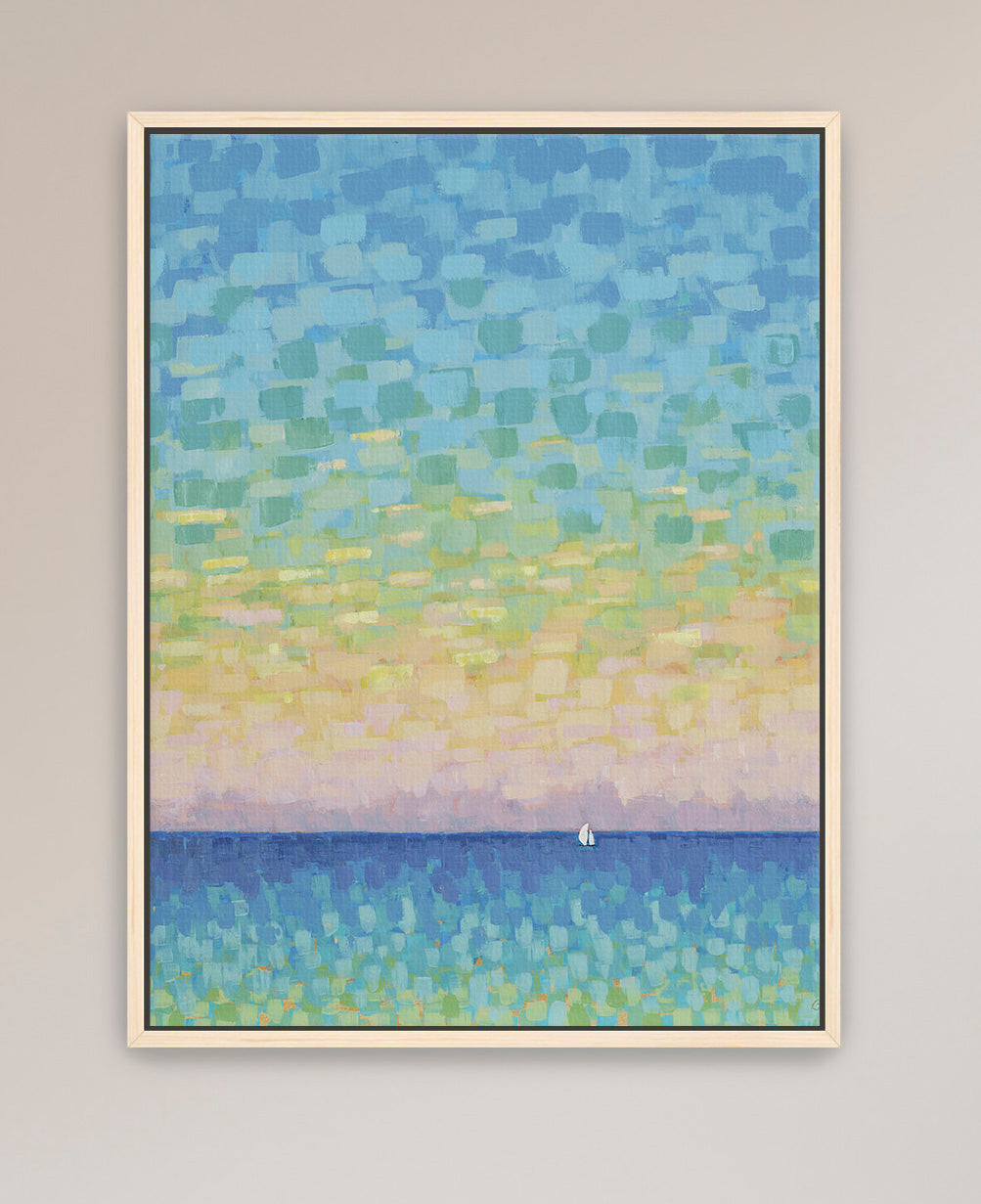 Vertical coastal wall art featuring soft sunset colors and ocean horizon

