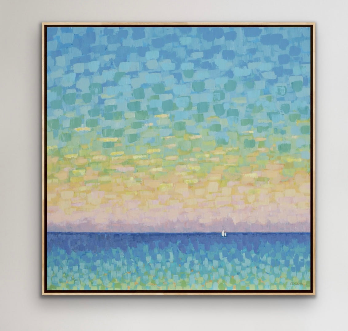 Warm sunset hues blending into cool blues in Sunset Sail original painting.