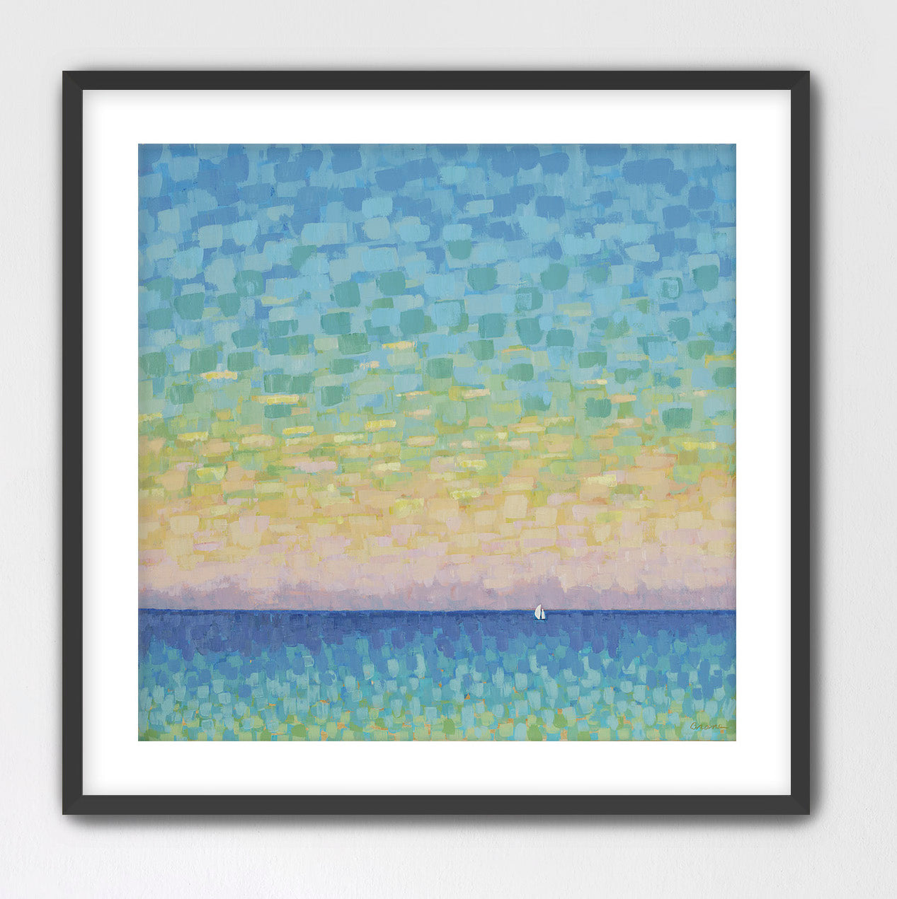 Luminous seascape painting of a small sailboat drifting across calm ocean waters beneath a golden sunset sky, contemporary coastal artwork by Martha Brane