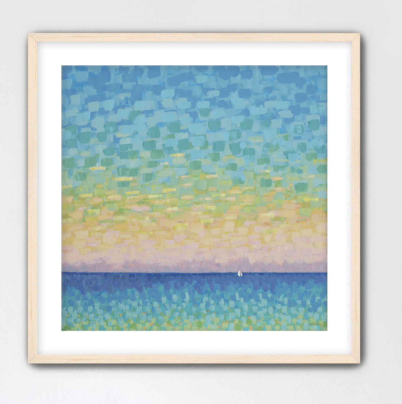Sunset Sail by Martha Brane — modern coastal seascape with soft coral, aqua, and blue hues featuring a white sailboat on the horizon, archival giclée canvas wall art